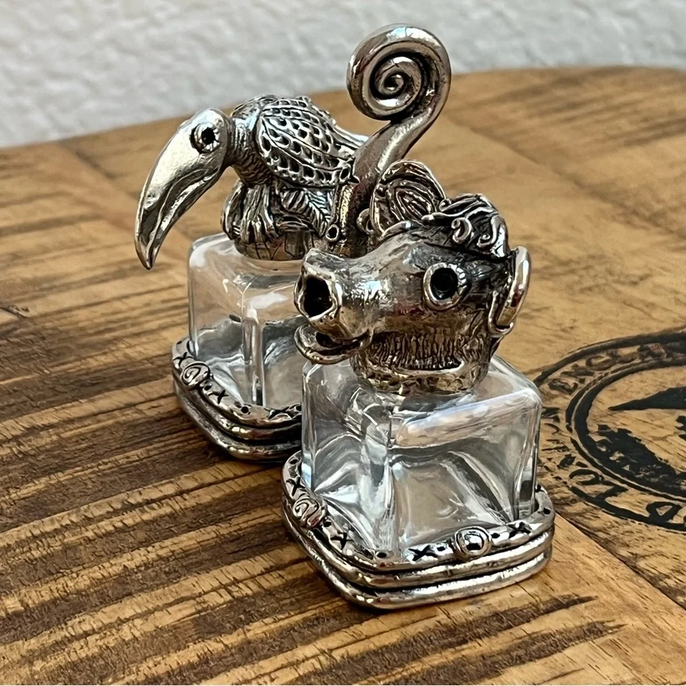 AST Pewter Salt Pepper Shakers Animal Head Glass Cow Bull Crow Bird of Prey
